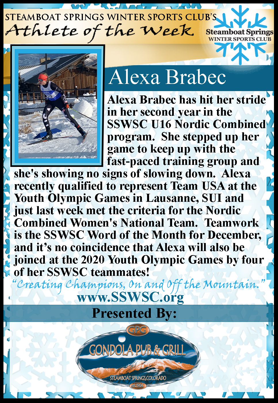 Athlete of the Week, Alexa Brabec