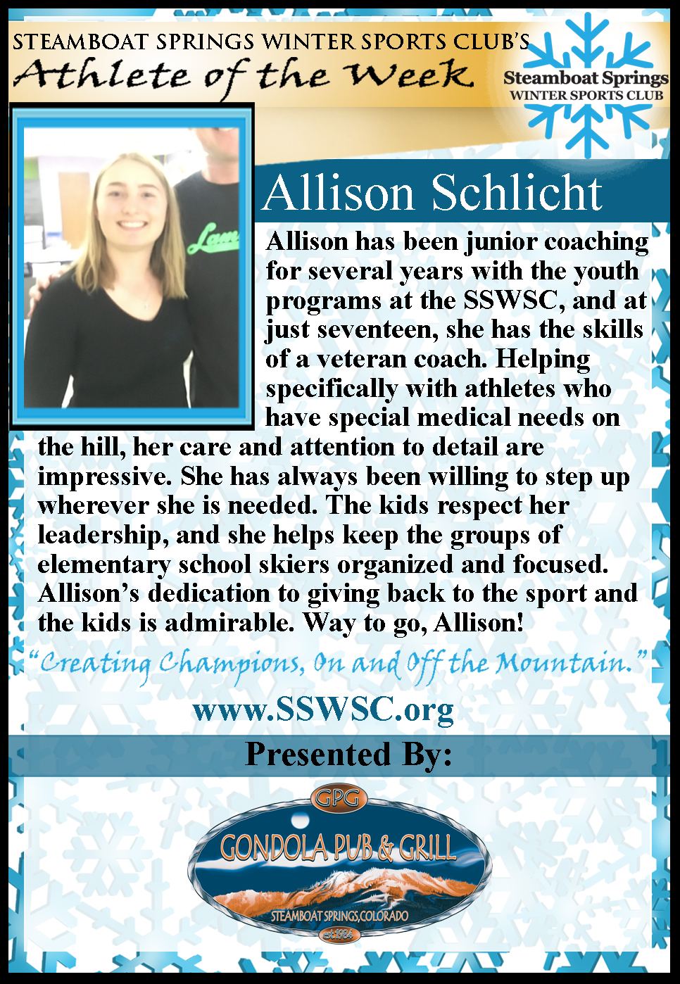 Athlete of the Week, Allison Schlict