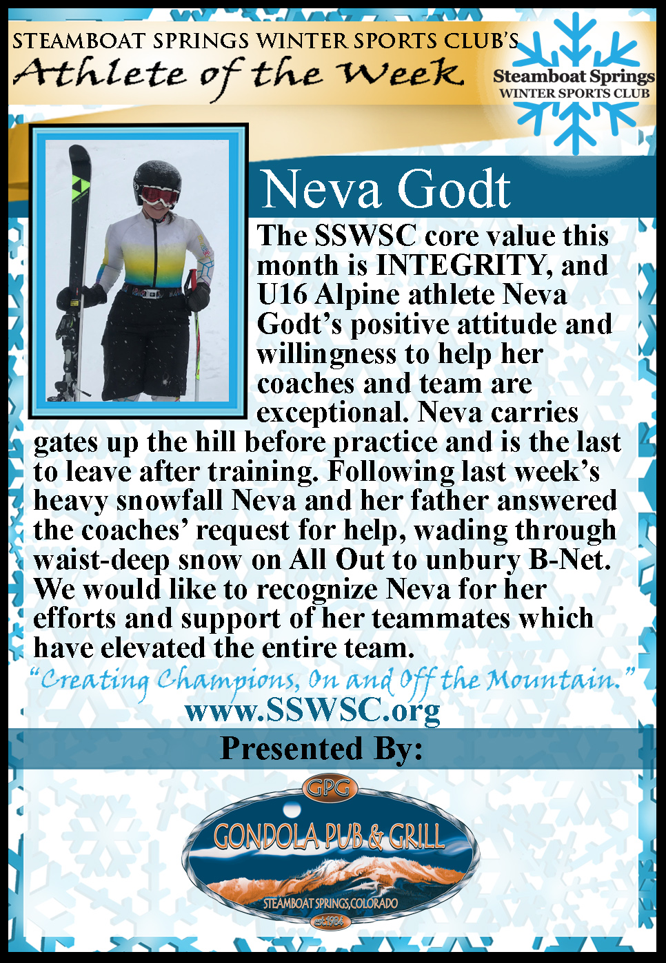 Athlete of the Week, Neva Godt