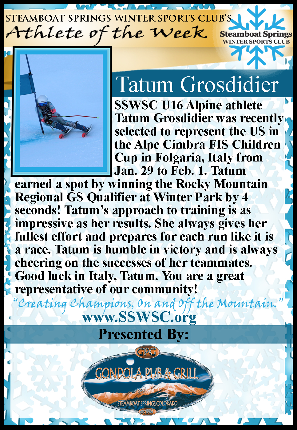 Athlete of the Week, Tatum Grosdidier