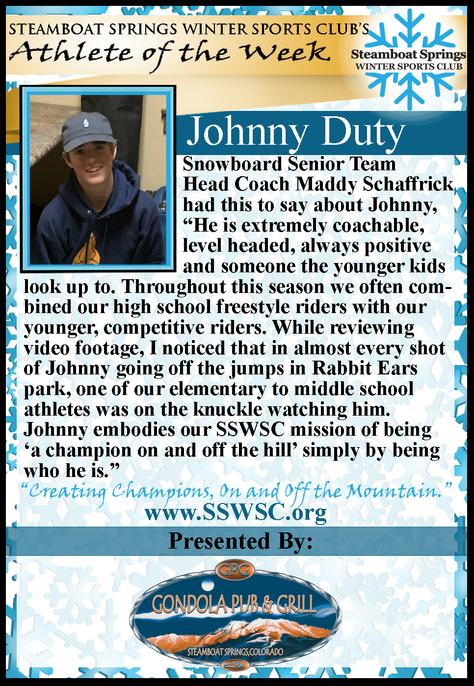 Athlete of the Week, Johnny Duty