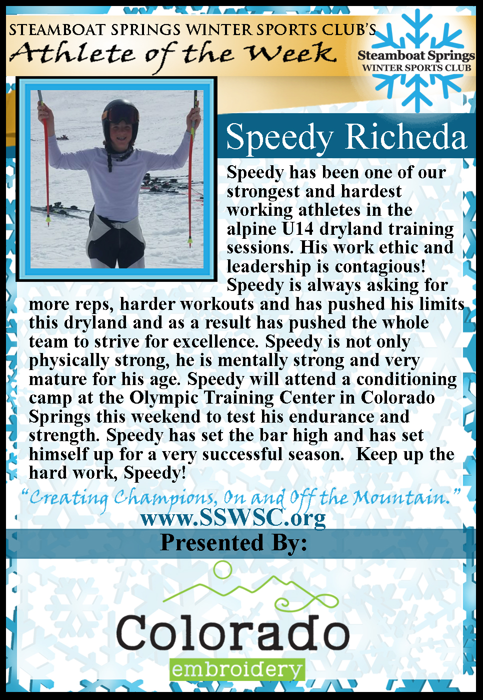 Athlete of the Week, Speedy Richeda